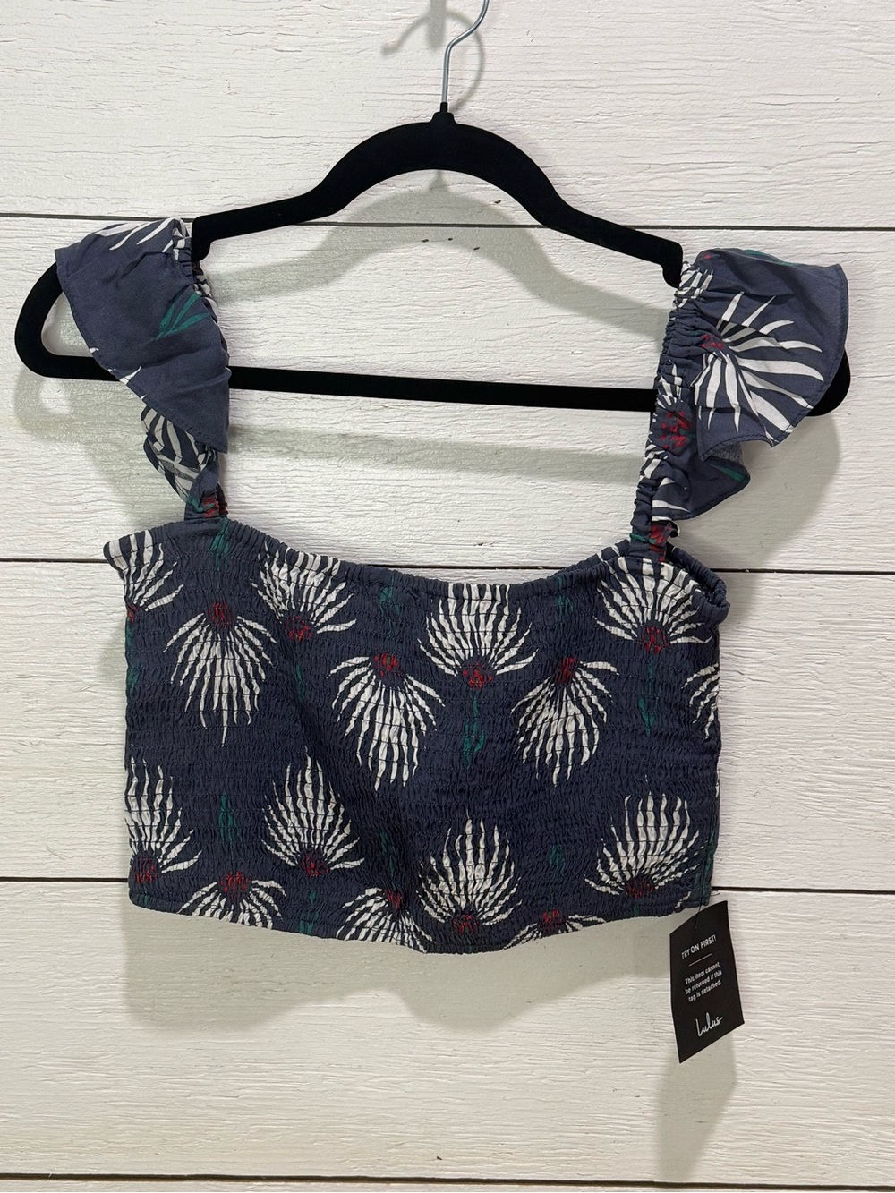 Lulu’s Smocked Floral-Print Crop Top in Dark Blue New with Tags